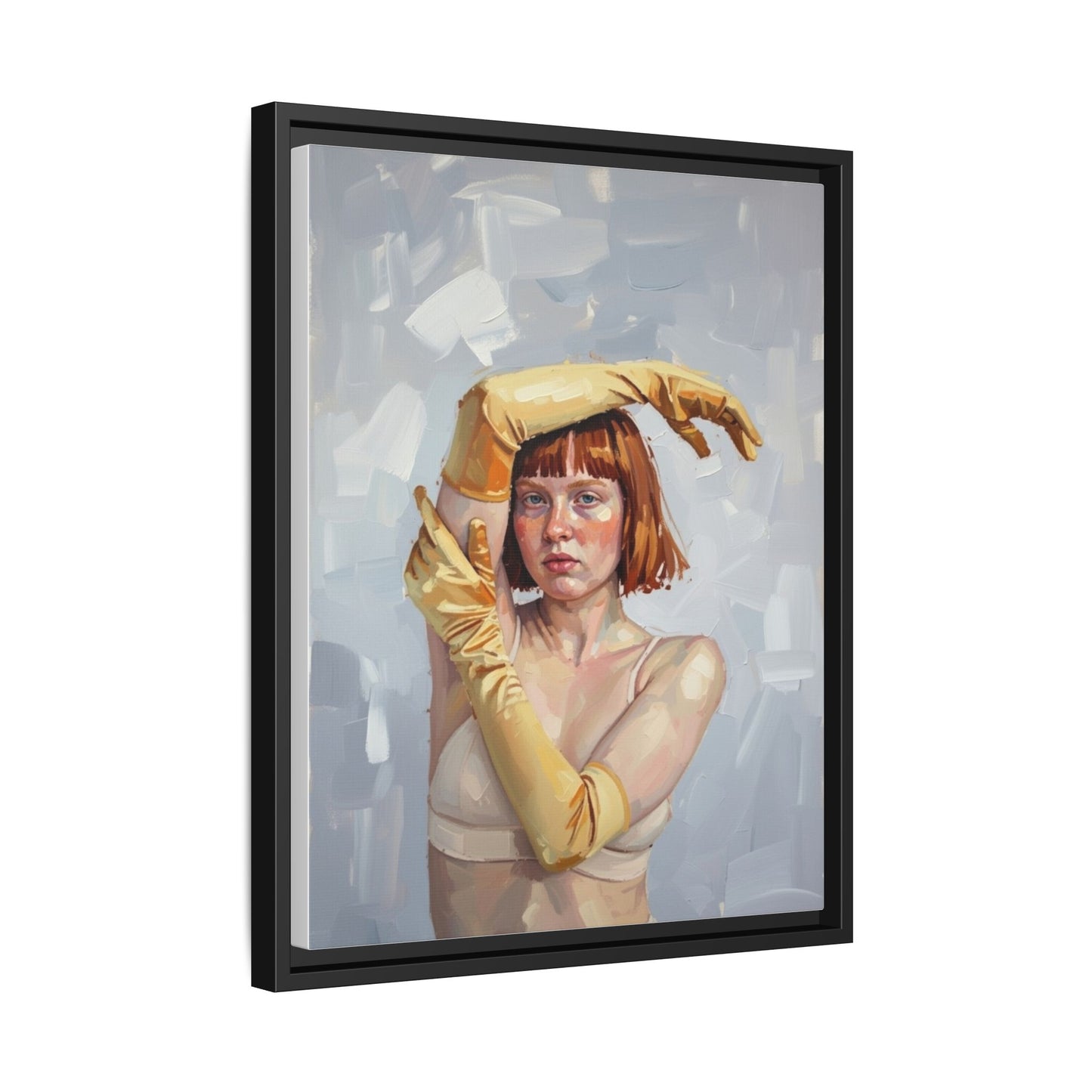 Contemporary Portrait Canvas Print — Woman with Yellow Gloves (Framed Matte)