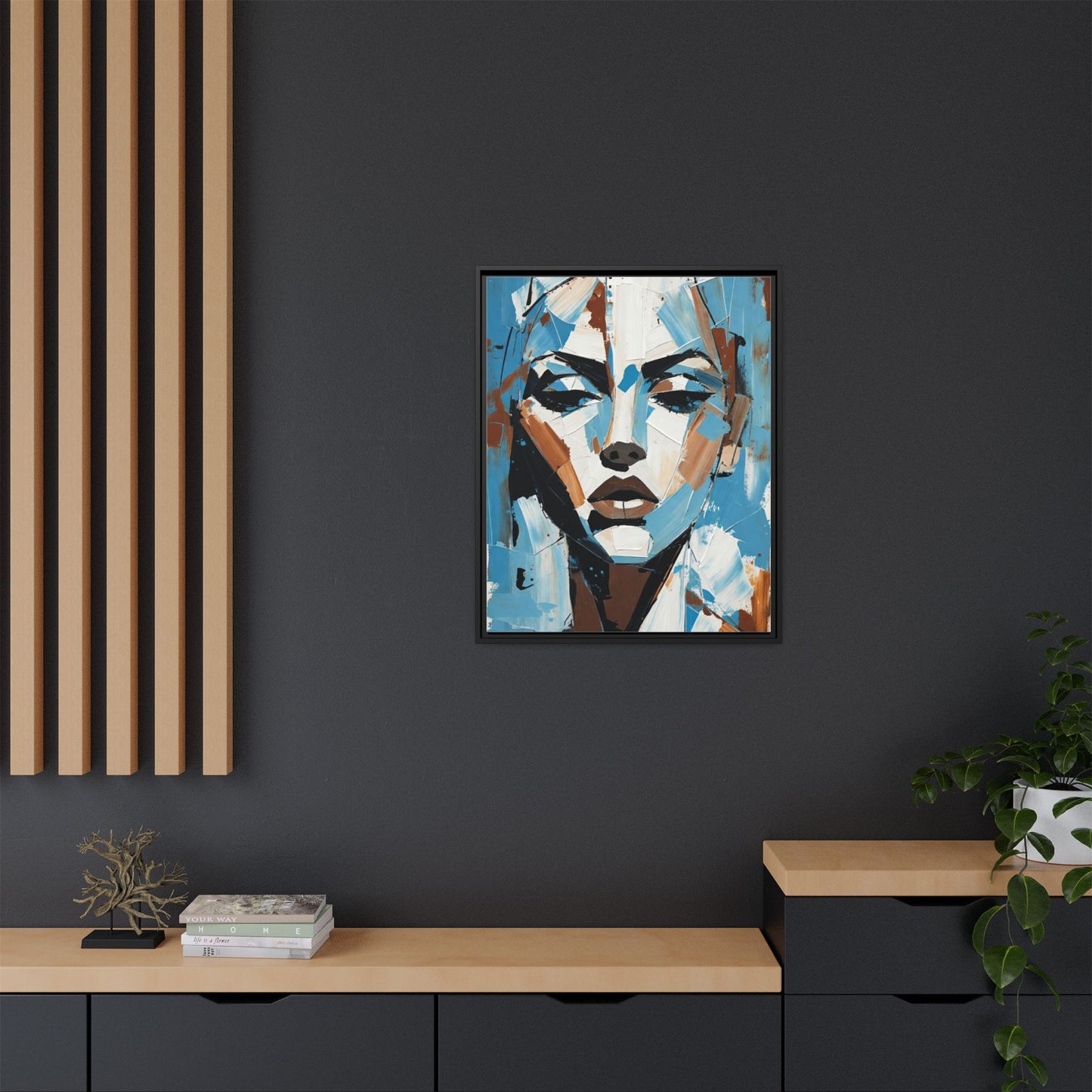 Abstract Blue Face Matte Canvas Wall Art — Framed Modern Portrait Print
