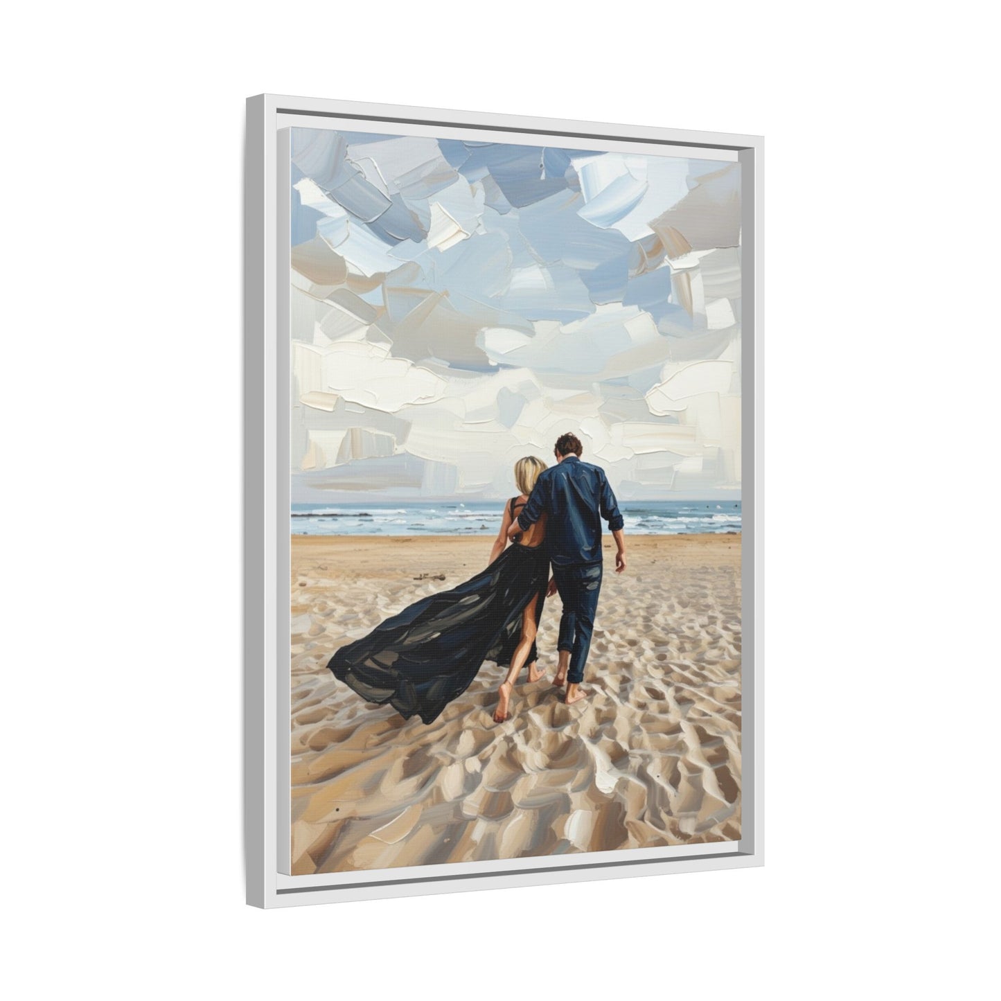 Framed Canvas Wall Art — Romantic Couple Walking on Beach Print