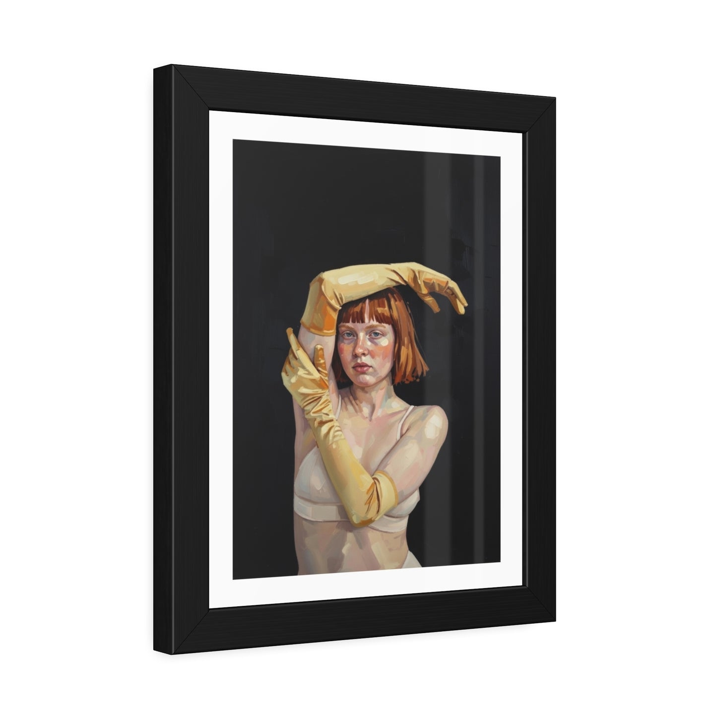 Framed Art Poster — Portrait of Redhead Woman in Yellow Gloves (Gallery Wall Print)