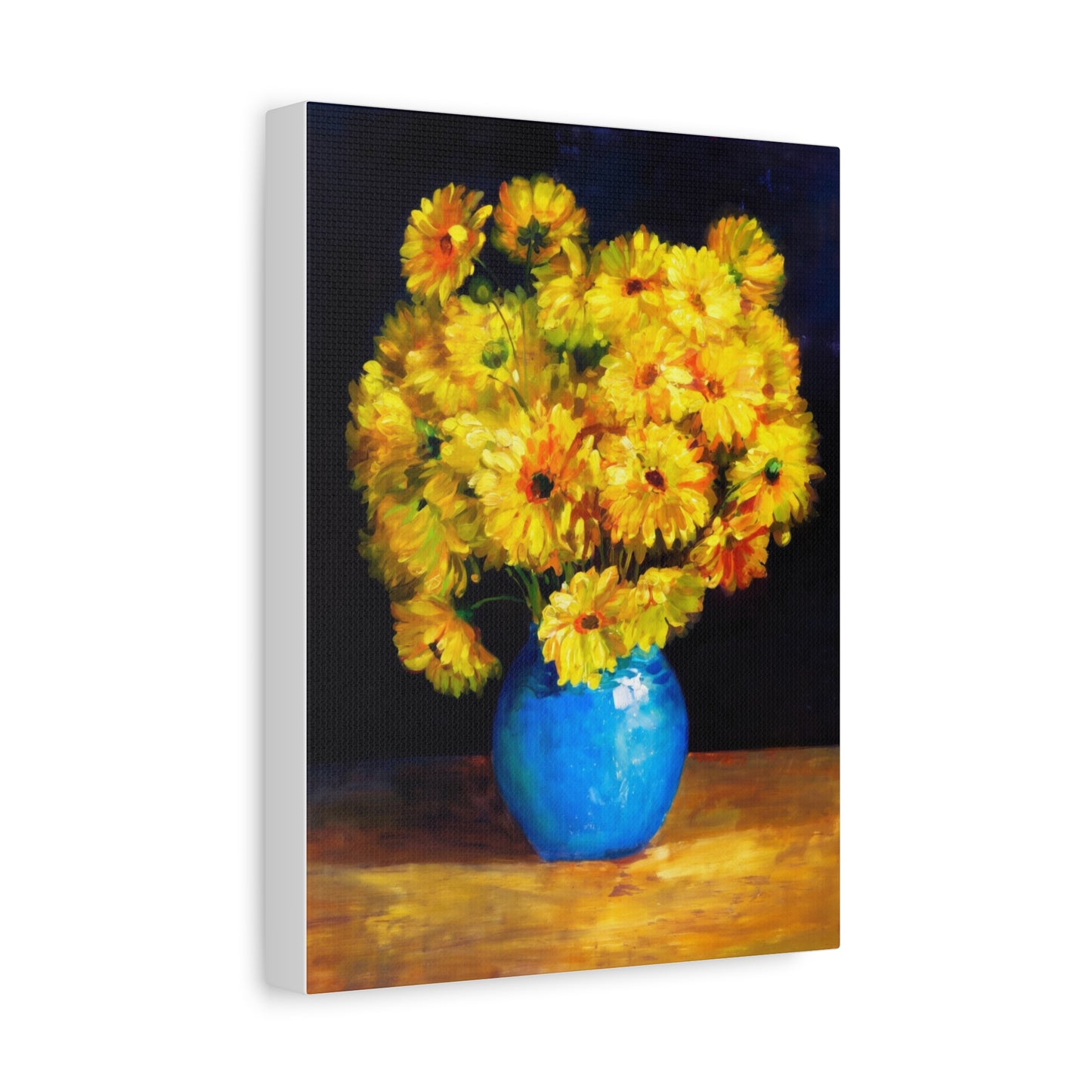 Yellow Chrysanthemum Canvas Wall Art — Blue Vase Floral Painting (Stretched Matte)