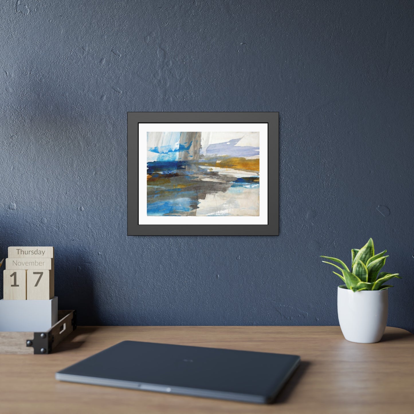 Abstract Coastal Waterscape Framed Poster — Blue & Gold Modern Wall Art