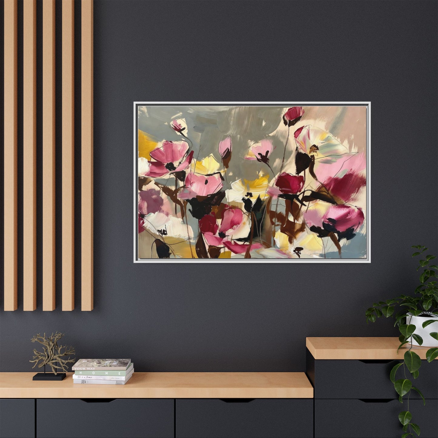 Framed Floral Canvas Wall Art — Abstract Pink & Yellow Flowers