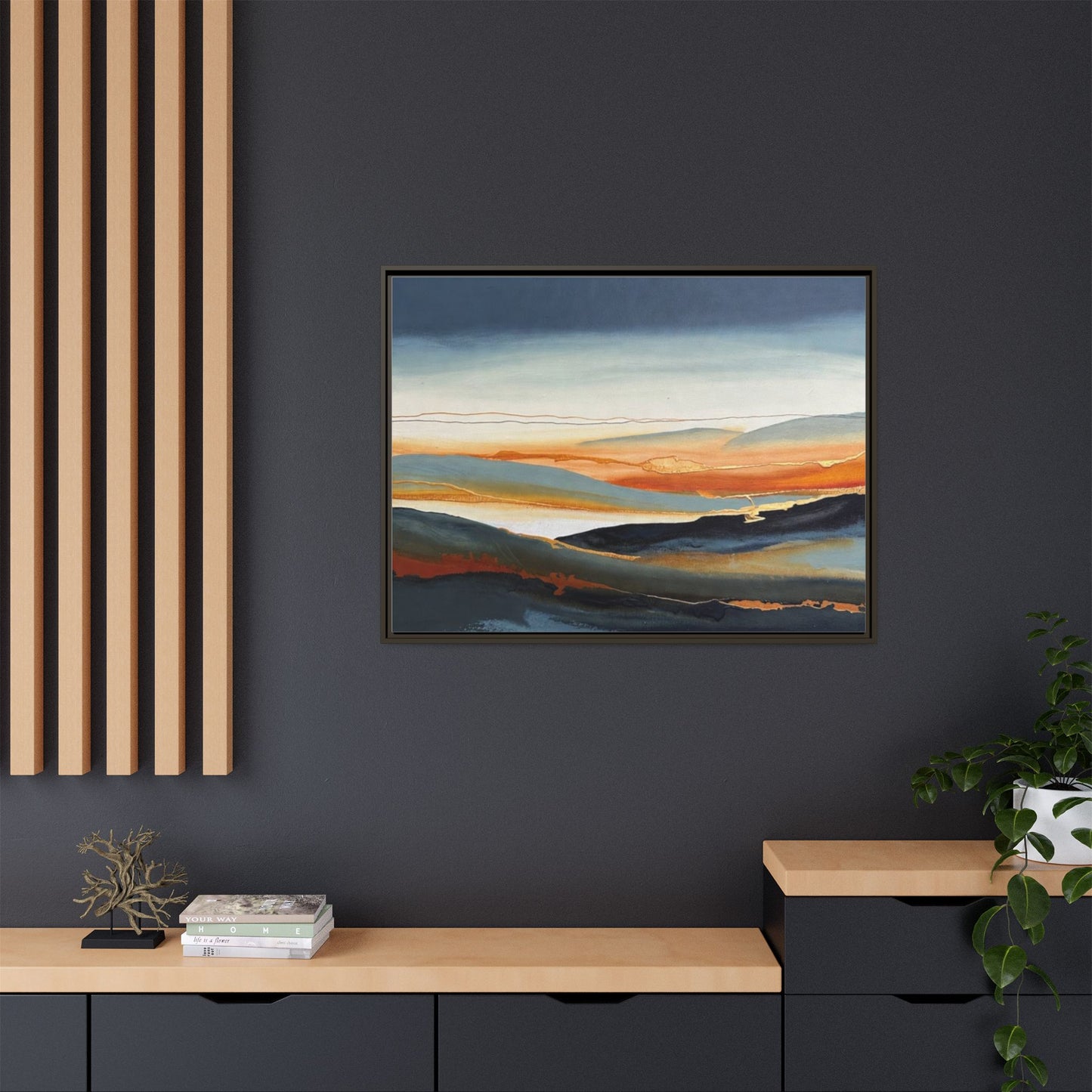 Framed Matte Canvas: Abstract Coastal Sunset Landscape Wall Art