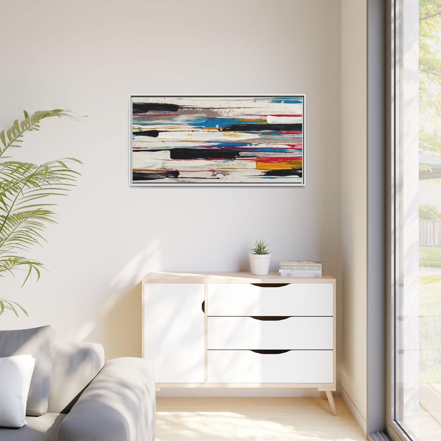 Abstract Multi-Color Framed Canvas Wall Art — Modern Horizontal Brushstroke Print