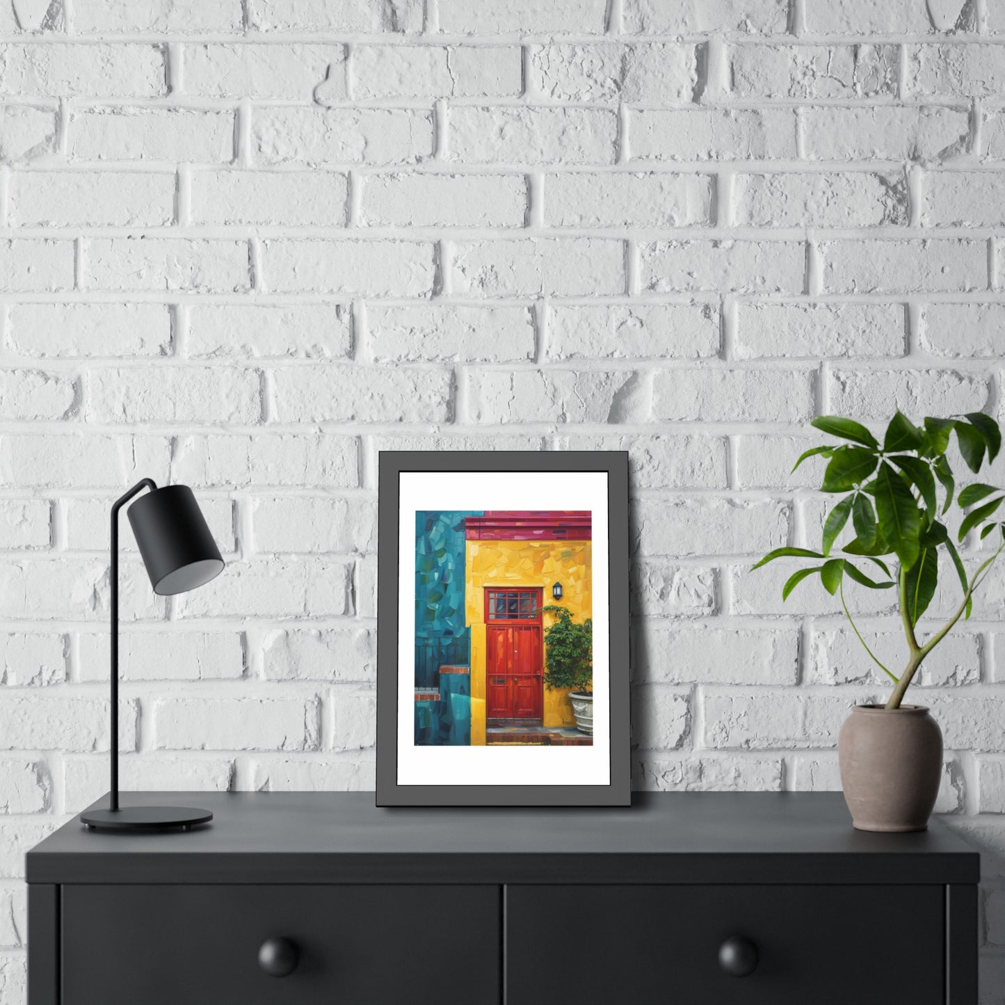 Framed Art Print - Vibrant Red Door Street Scene Poster