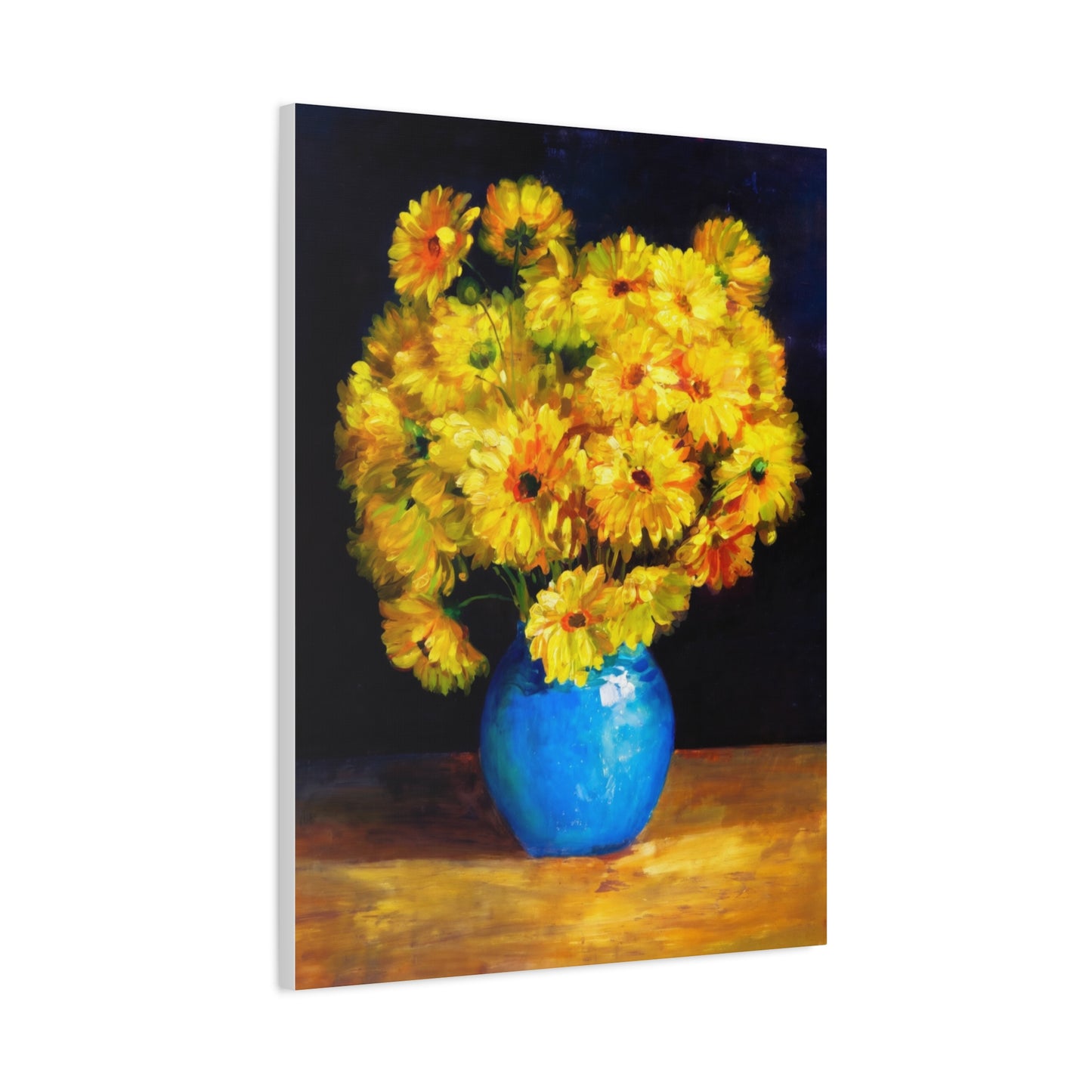 Yellow Chrysanthemum Canvas Wall Art — Blue Vase Floral Painting (Stretched Matte)