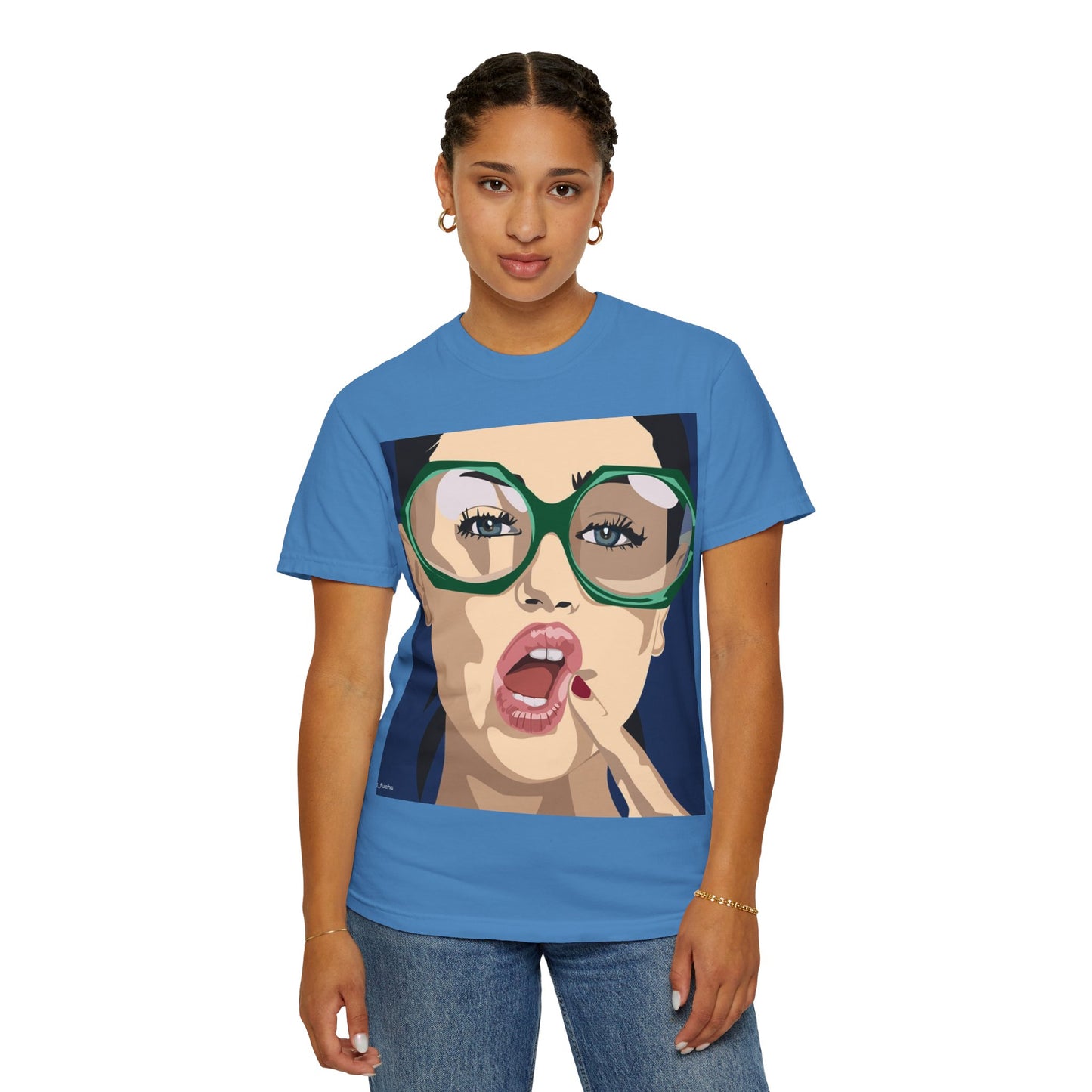 Pop Art Woman Graphic T‑Shirt — Retro Chic Green Glasses Design
