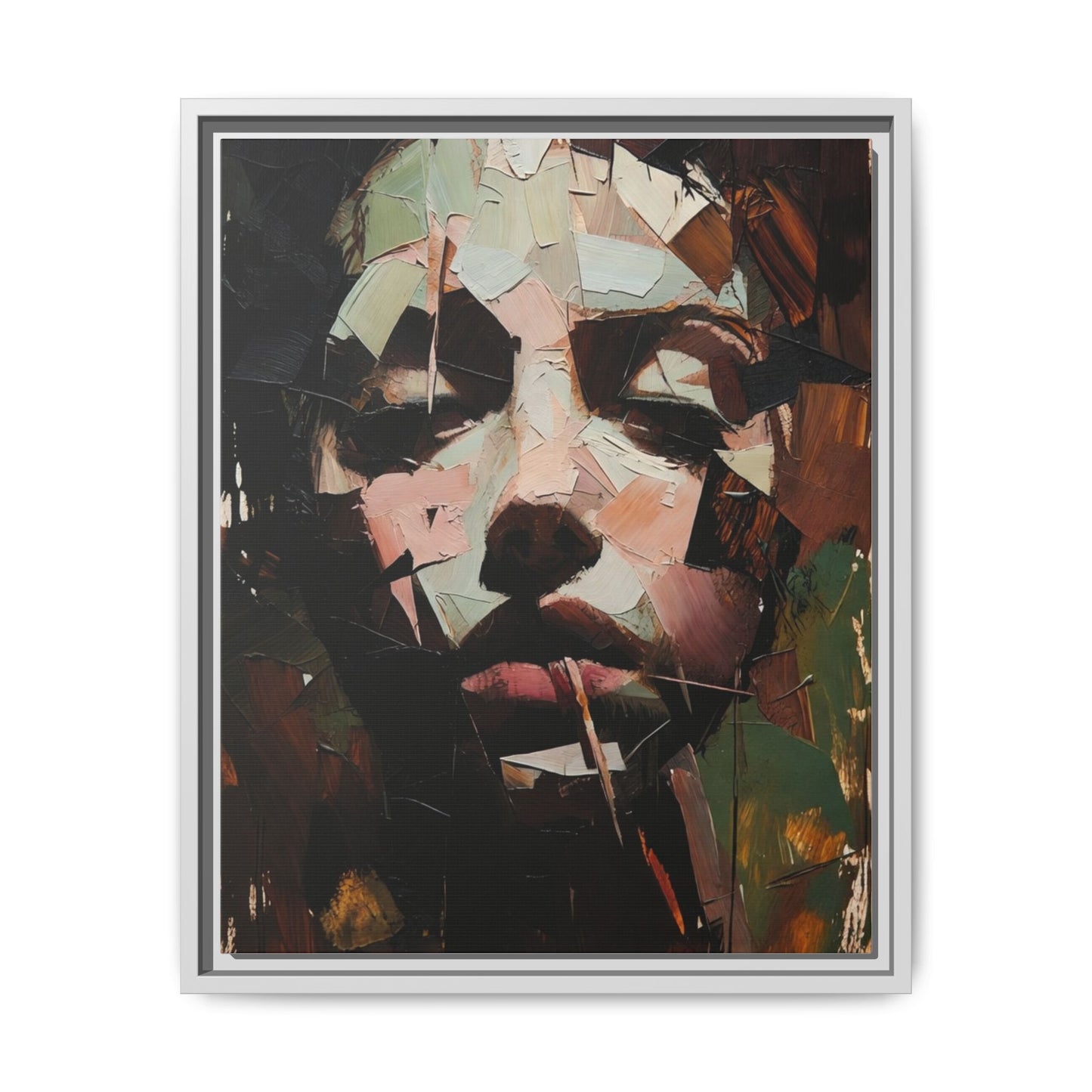 Matte Framed Canvas Art — Abstract Female Portrait, Moody Multicolor