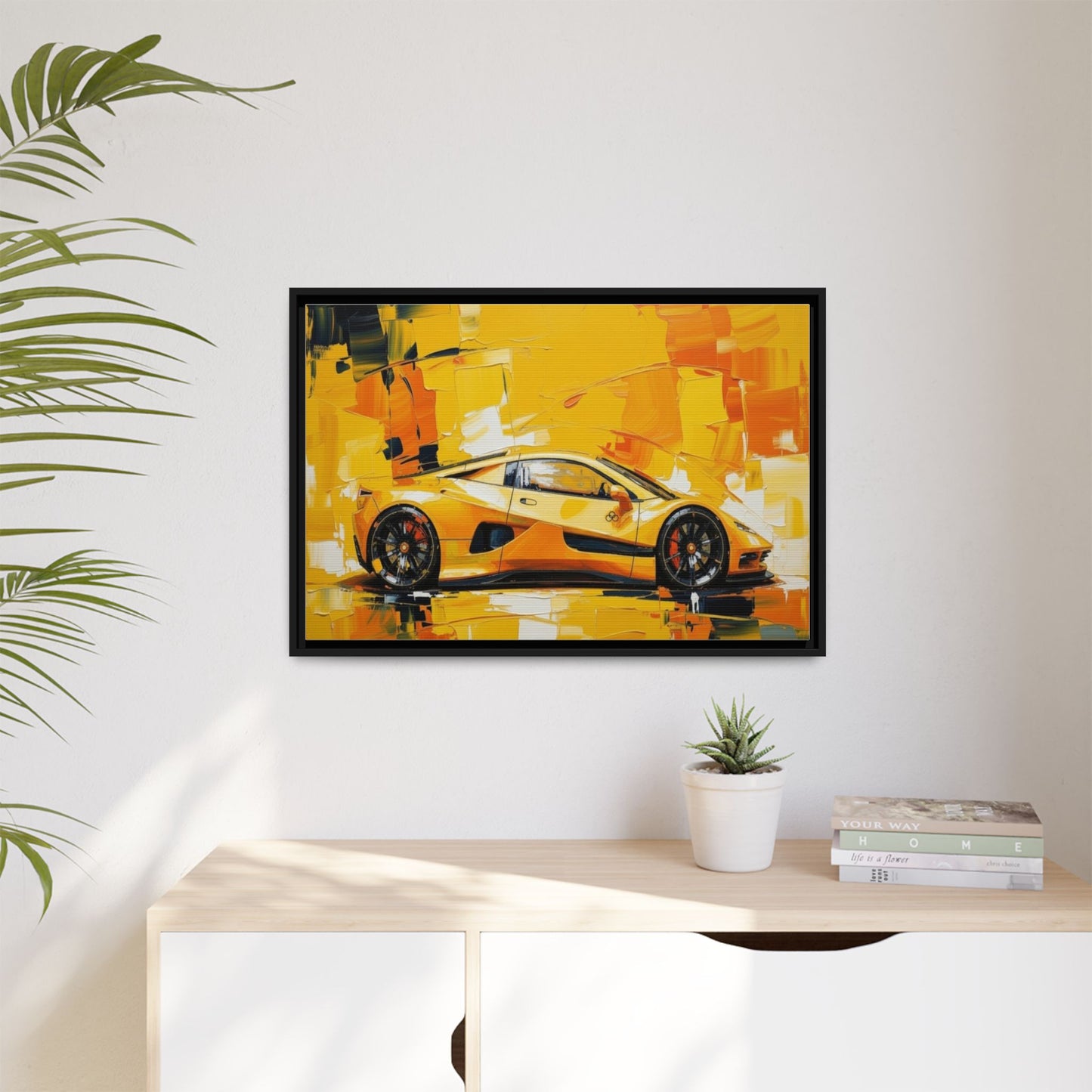 Yellow Sports Car Abstract Matte Canvas Framed Print