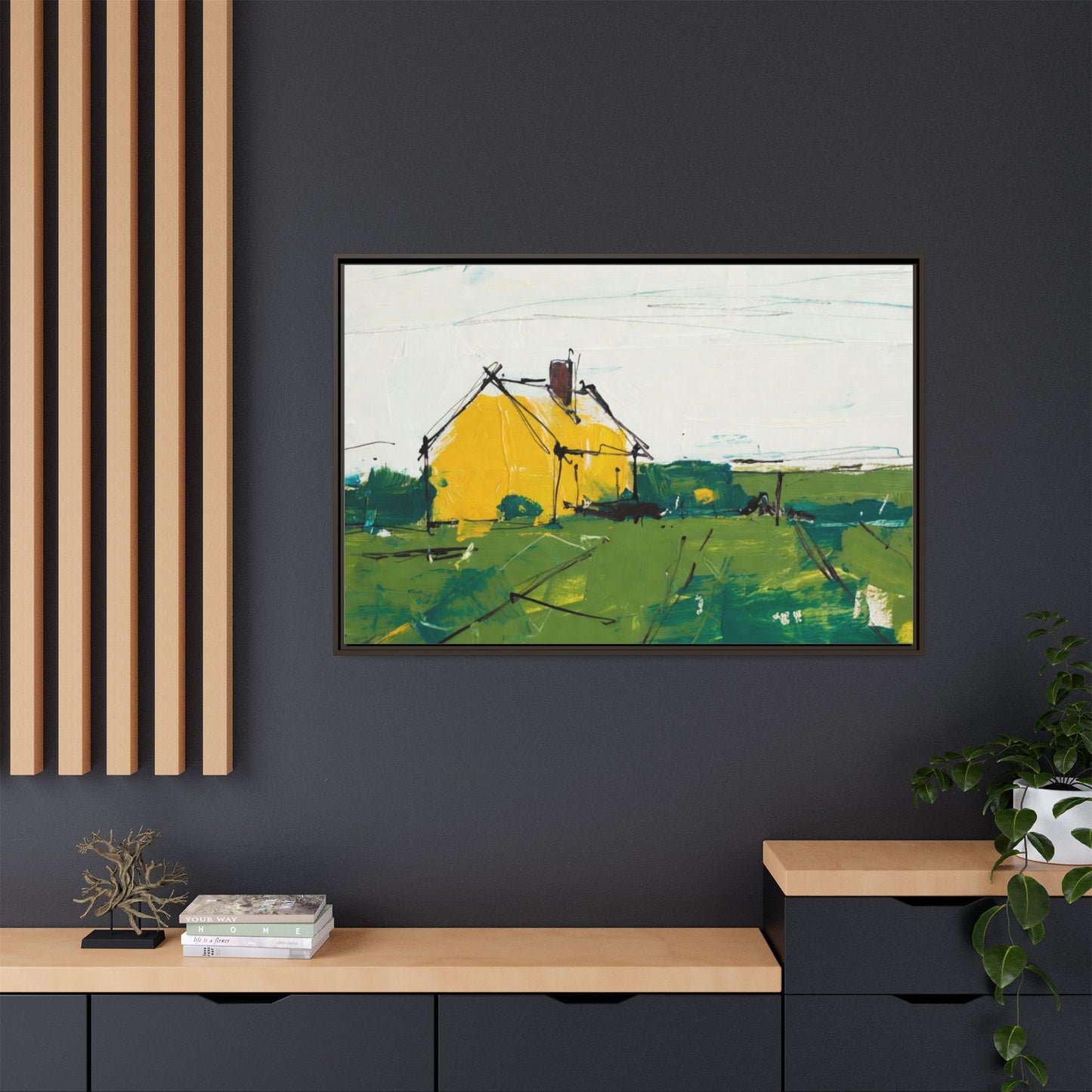 Yellow Cottage Landscape Framed Canvas Print