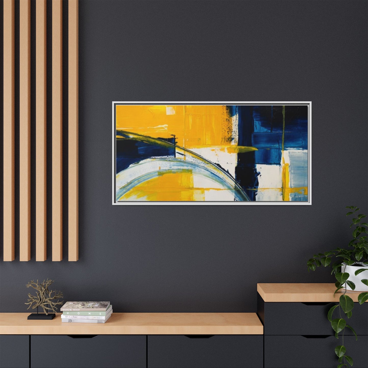 Abstract Yellow & Blue Framed Canvas Wall Art — Modern Matte Canvas Print
