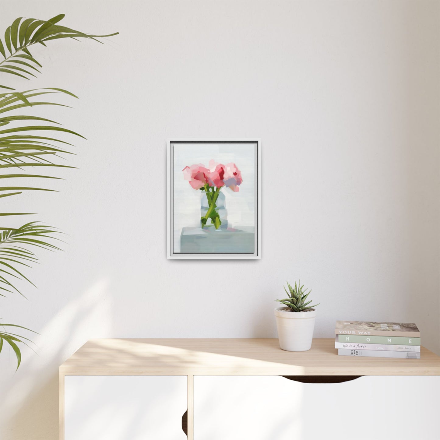 Framed Floral Canvas Art — Pink Peonies in Vase (Matte)