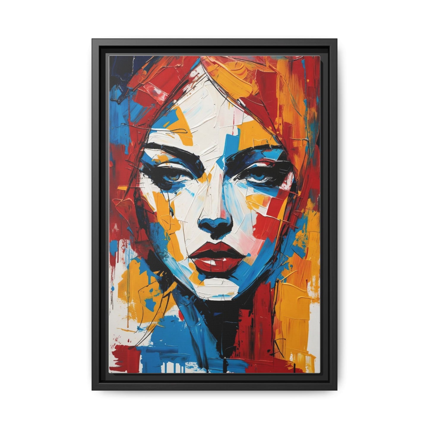 Framed Abstract Portrait Canvas — Colorful Female Face Wall Art