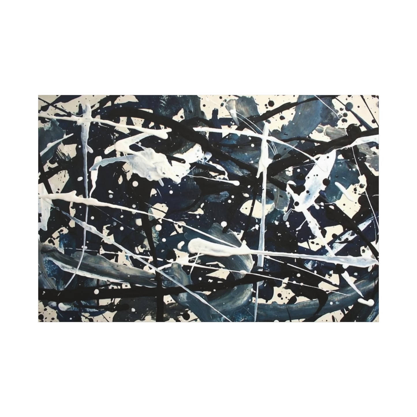Abstract Drip Painting Canvas Print — Blue & Black Modern Wall Art (Matte Stretched)