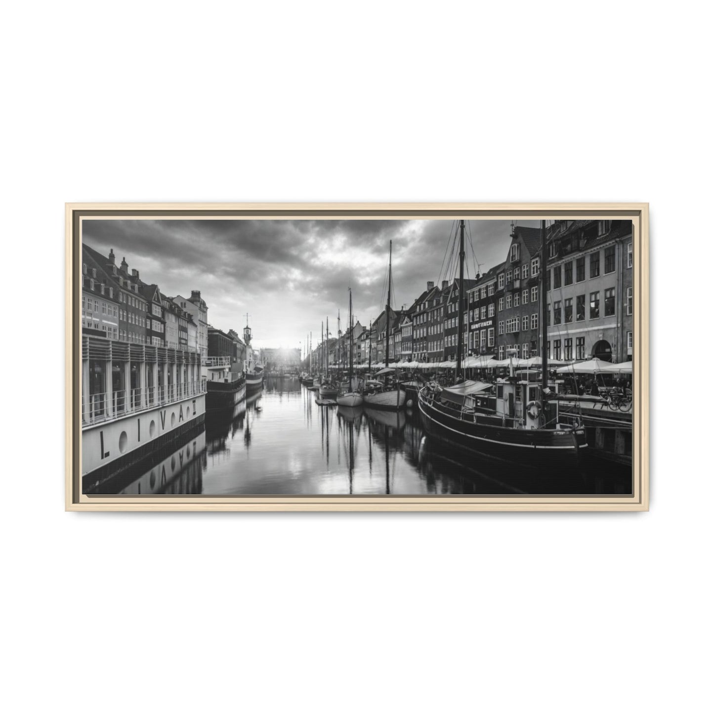 Framed Matte Canvas: Black & White Dutch Canal Photography Wall Art