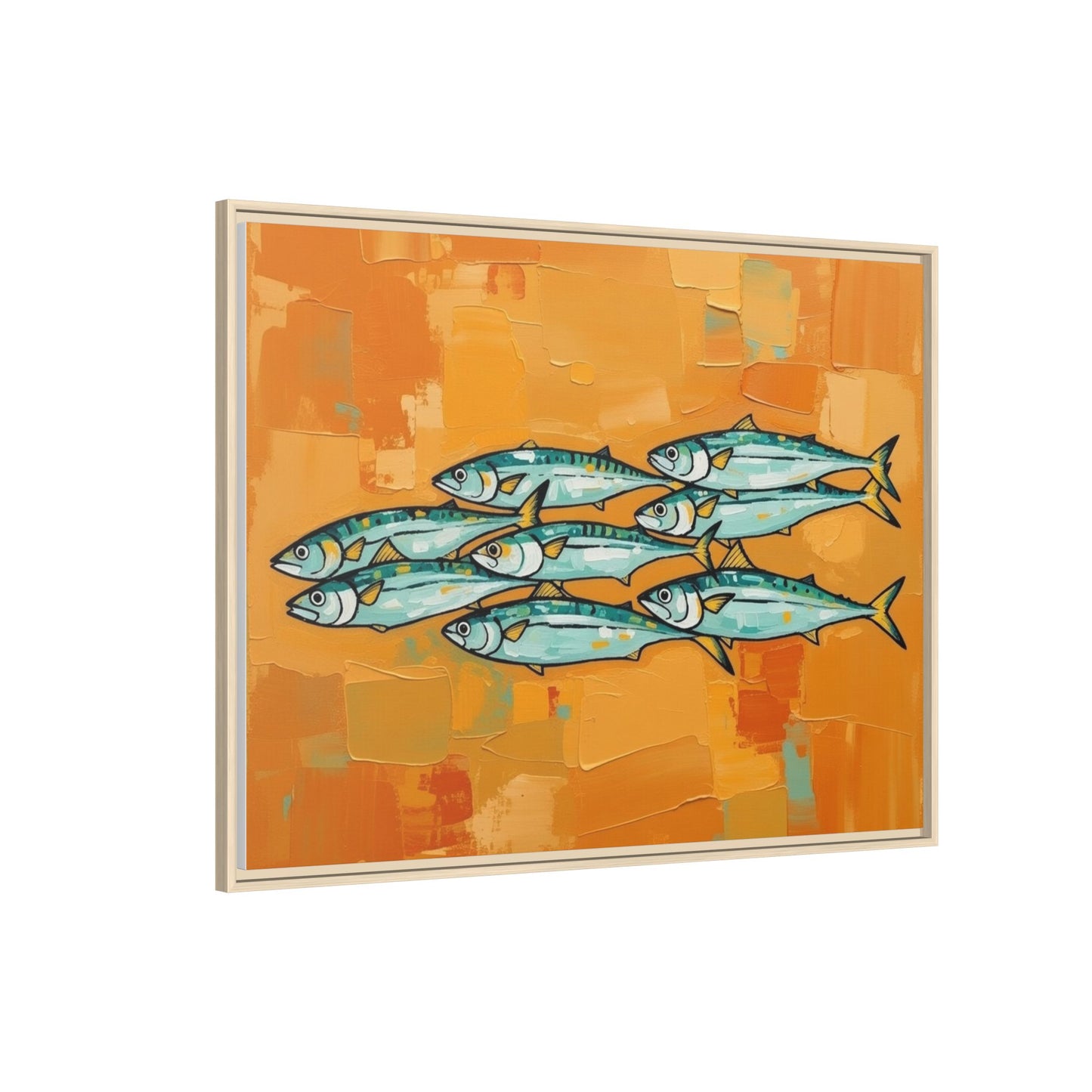 Framed Matte Canvas Print — School of Blue Fish on Orange Abstract Background