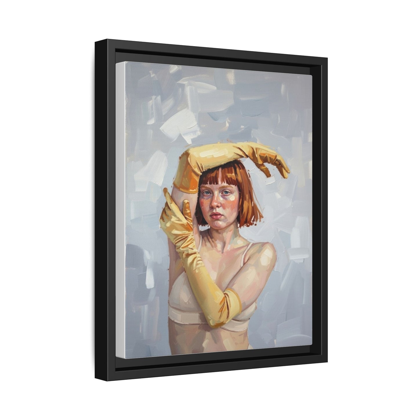 Contemporary Portrait Canvas Print — Woman with Yellow Gloves (Framed Matte)
