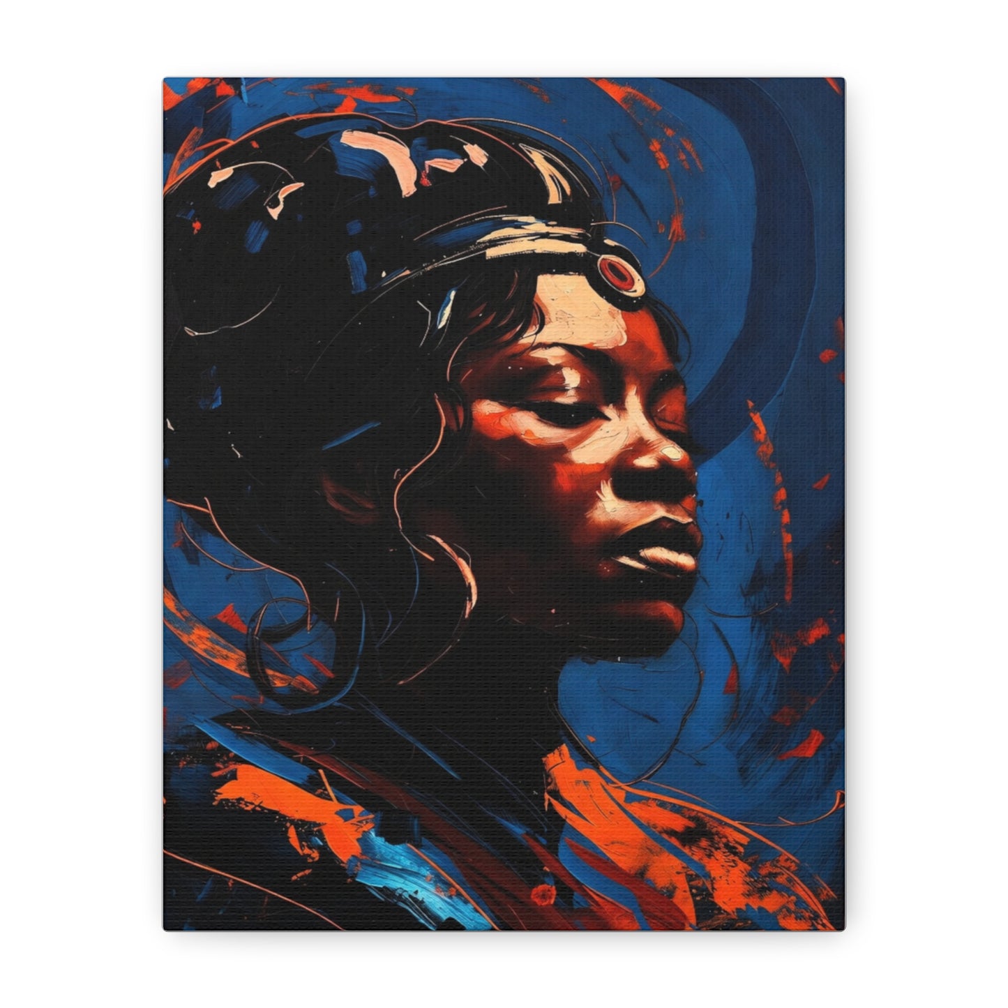 Regal Afrocentric Portrait Matte Canvas Art – Vibrant Blue & Orange Stretched Wall Decor