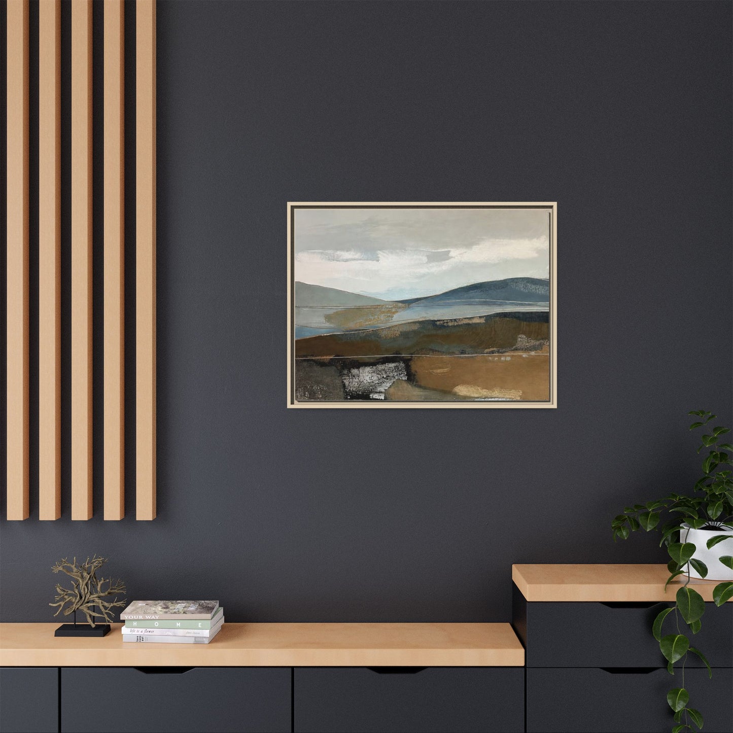 Framed Matte Canvas Landscape Art - Serene Abstract Hills in Blue & Earth Tones