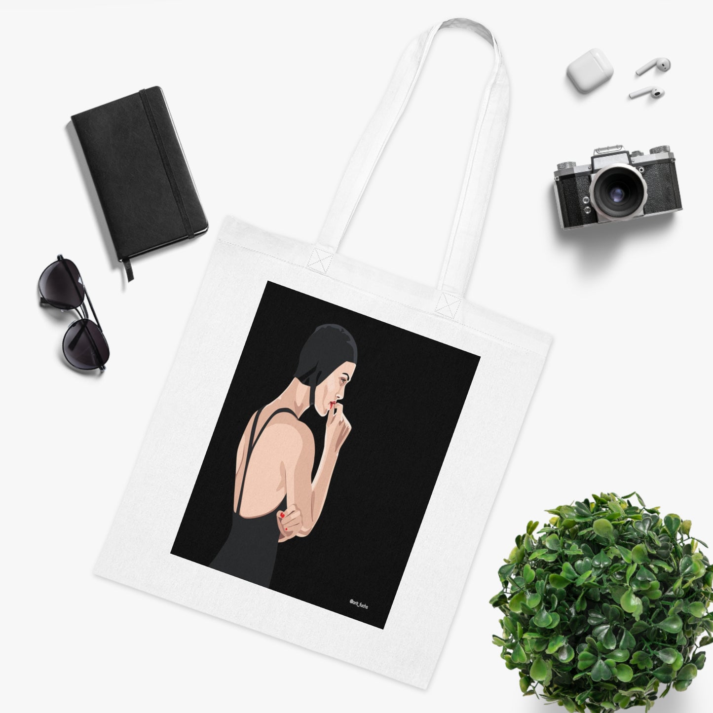 Minimalist Femme Portrait Cotton Tote — Chic Black-Back Illustration Tote Bag