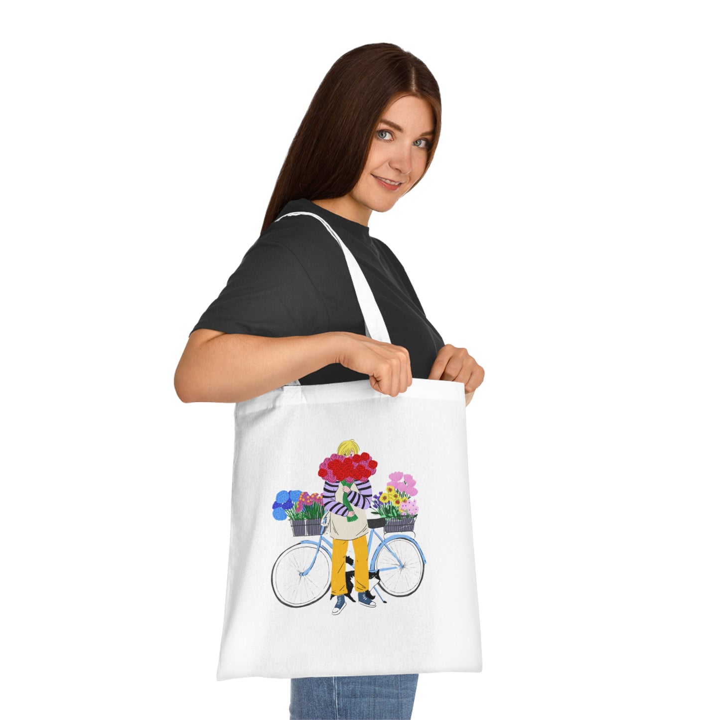 Floral Bike Tote Bag — Cotton Market Tote with Colorful Flower Bicycle Design