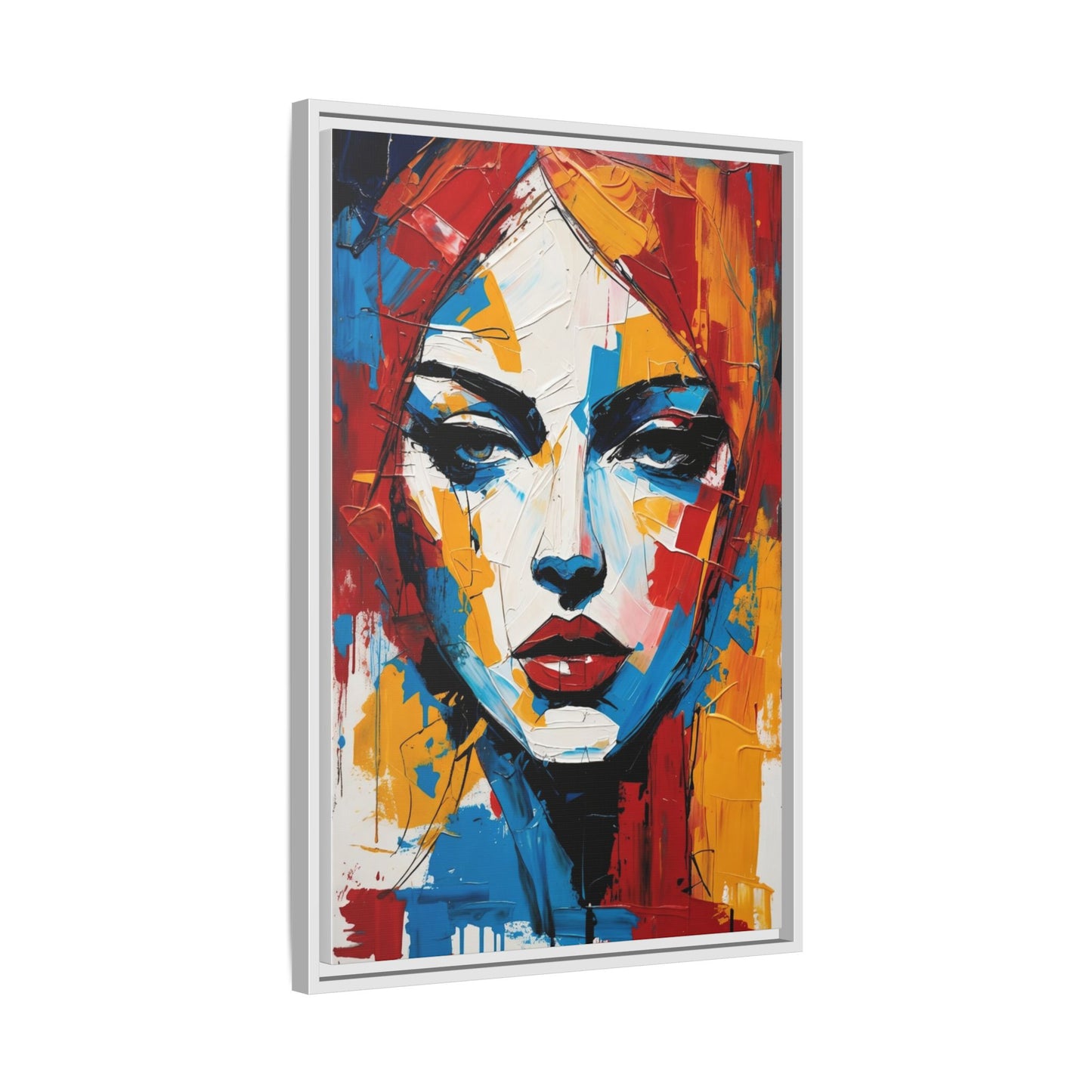 Framed Abstract Portrait Canvas — Colorful Female Face Wall Art