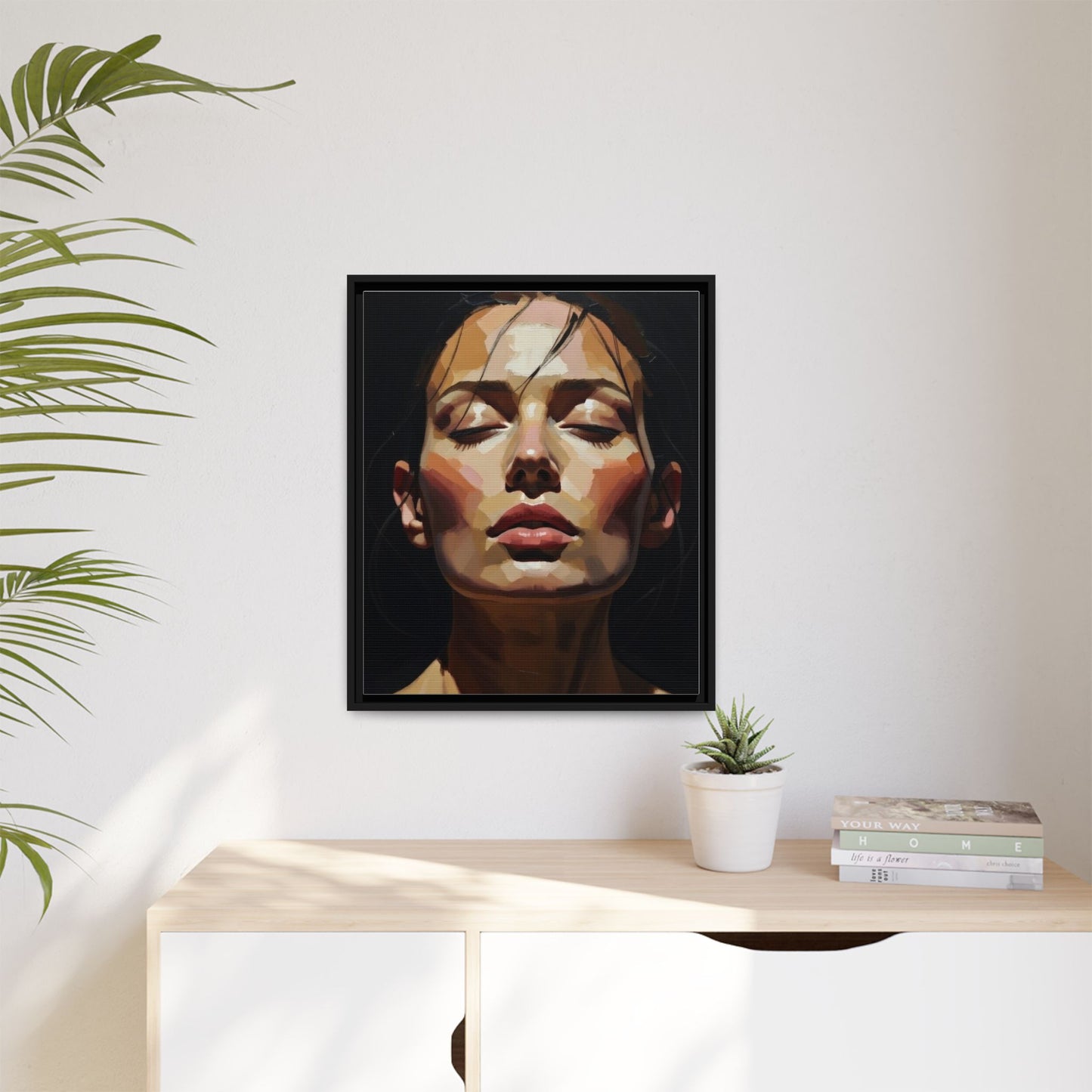 Framed Matte Canvas Portrait – Woman with Eyes Closed (Multi‑Color)