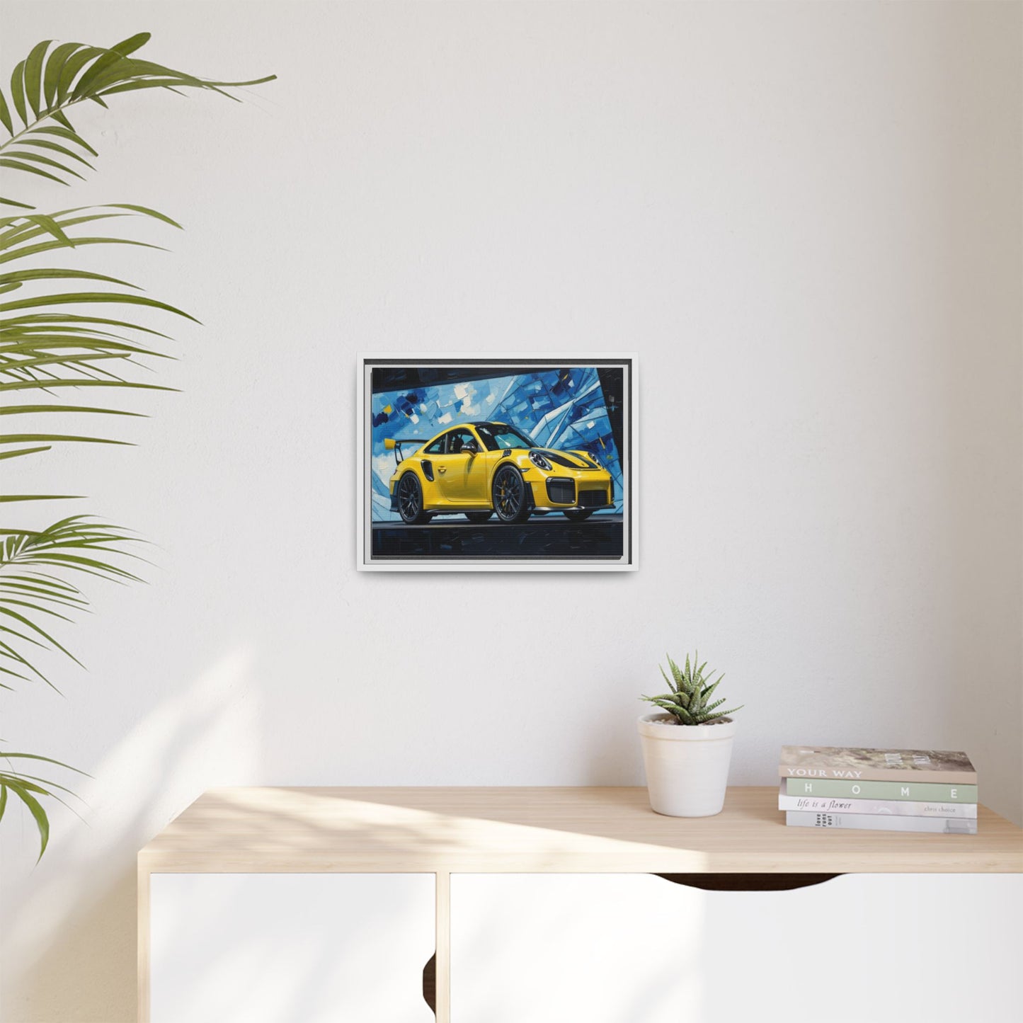 Yellow Porsche Sports Car Matte Framed Canvas – Modern Automotive Wall Art
