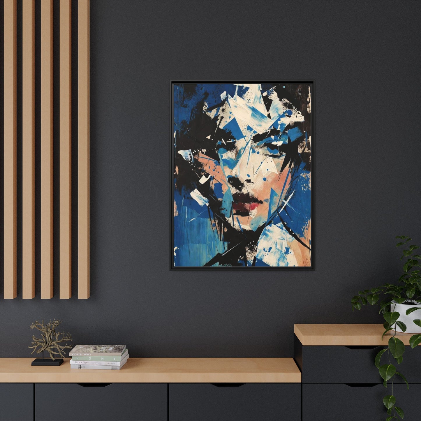 Abstract Portrait Matte Canvas Framed Wall Art — Blue Mixed-Media Face Print