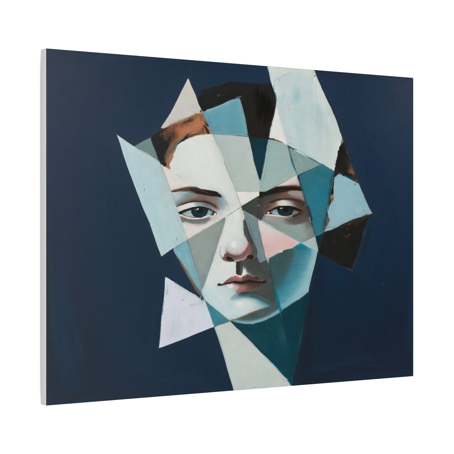 Fragmented Portrait Matte Canvas Art – Blue Abstract Face Wall Decor