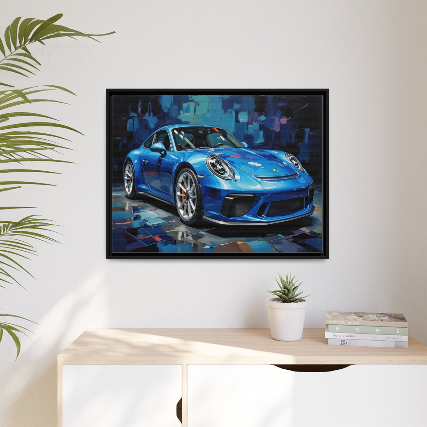 Blue Sports Car Matte Canvas Framed Print — Modern Automotive Wall Art