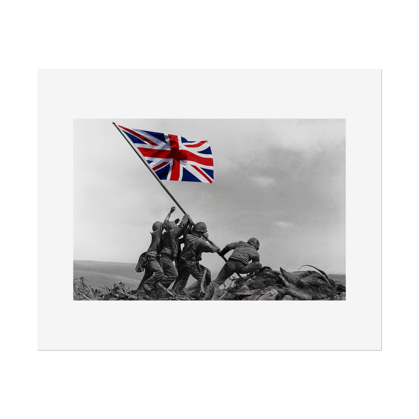 Raising the Union Jack by Unknown attributed to Joe Rosenthal Wall Art Print