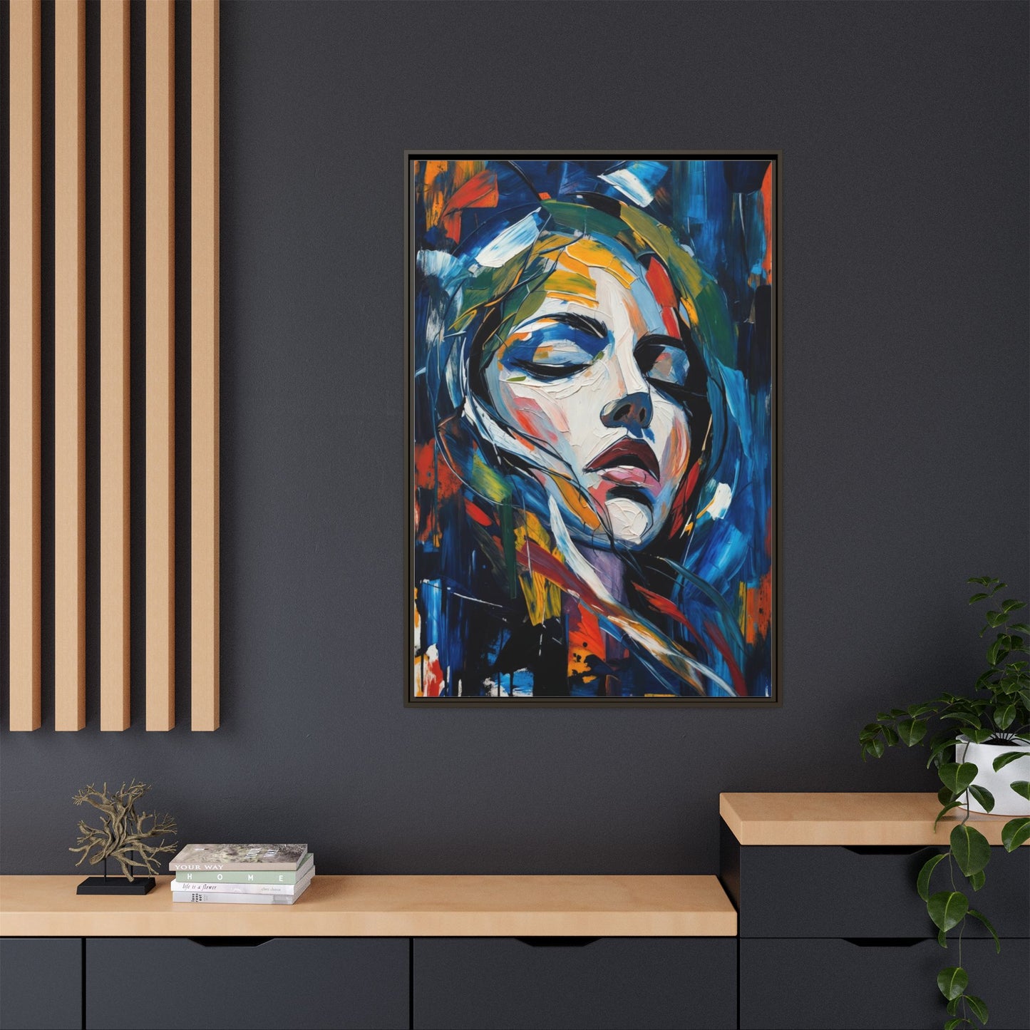 Abstract Colorful Woman Portrait — Framed Matte Canvas Wall Art