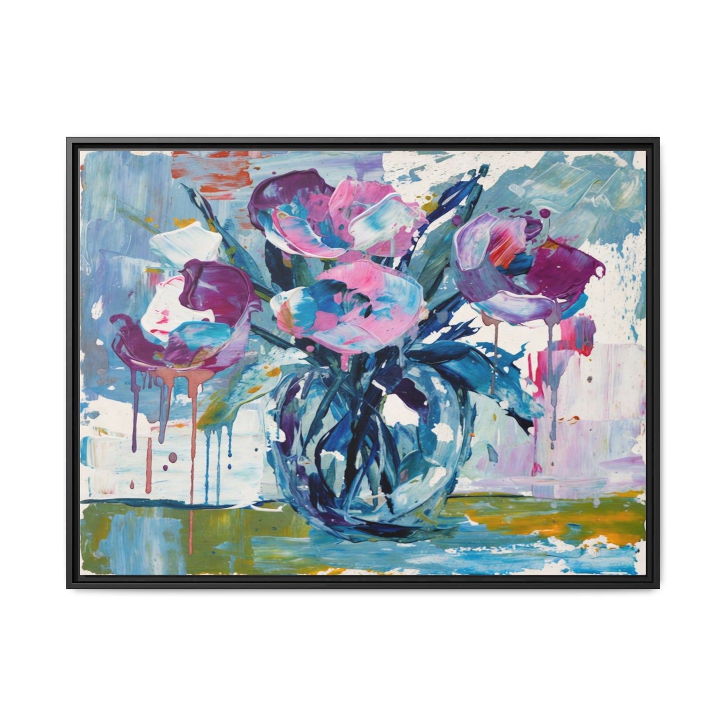 Framed Floral Canvas Art — Abstract Pink & Blue Bouquet