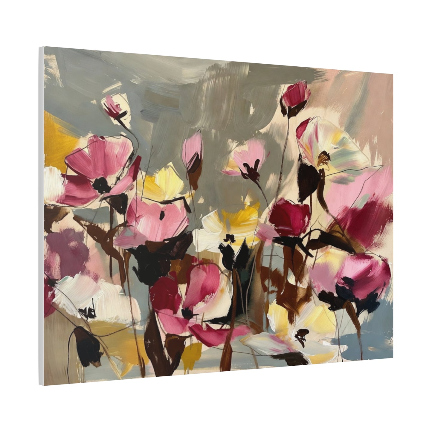 Floral Abstract Canvas Wall Art — Pink & Yellow Bloom Stretched Matte Print