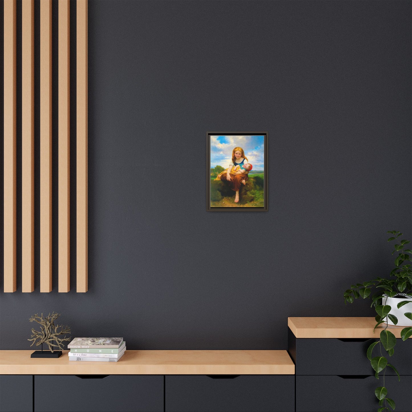 Young Girl Holding Sleeping Baby Canvas Print, Framed Wall Art