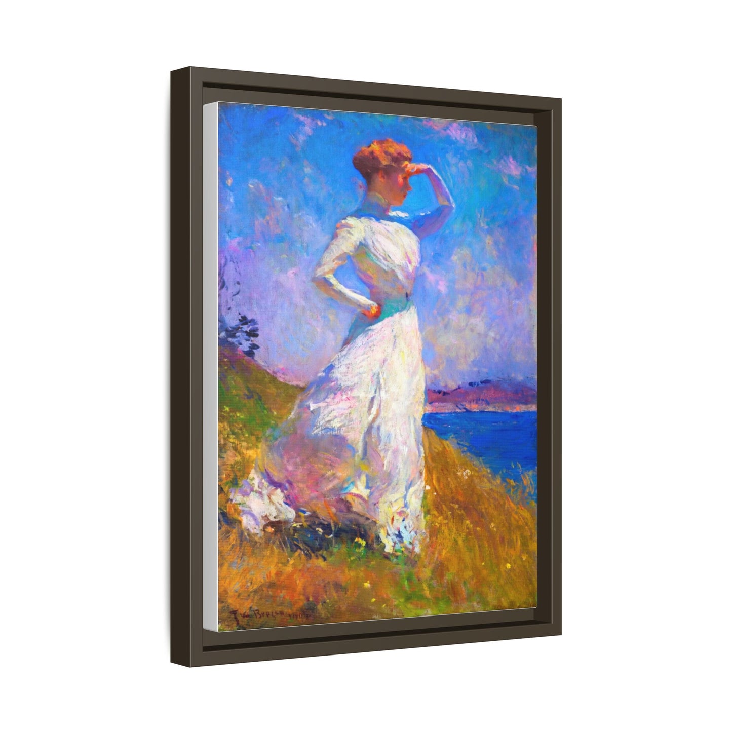 Framed Matte Canvas Art - Woman in White Seaside Impressionist Print