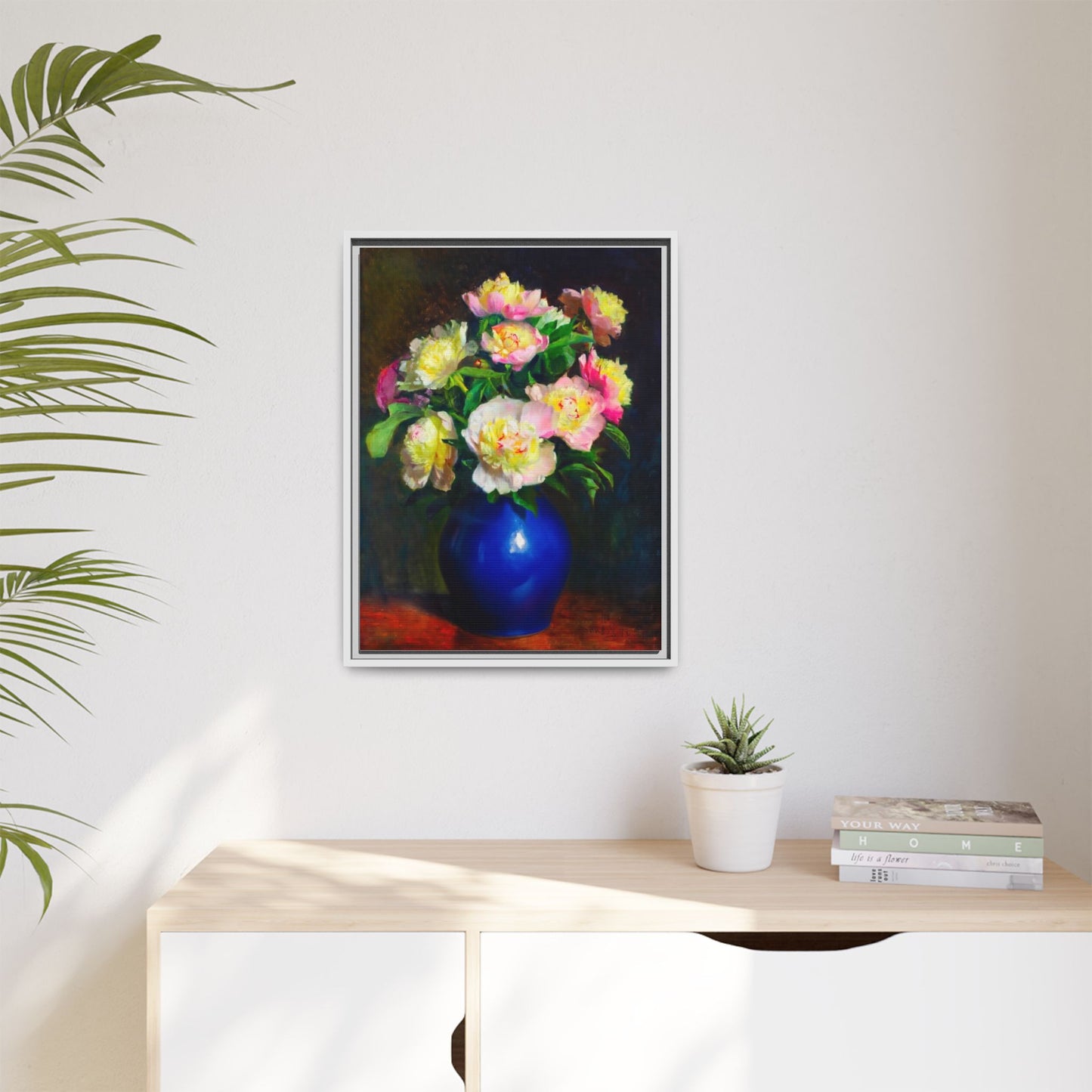 Framed Matte Canvas Wall Art — Vintage Floral Bouquet in Blue Vase