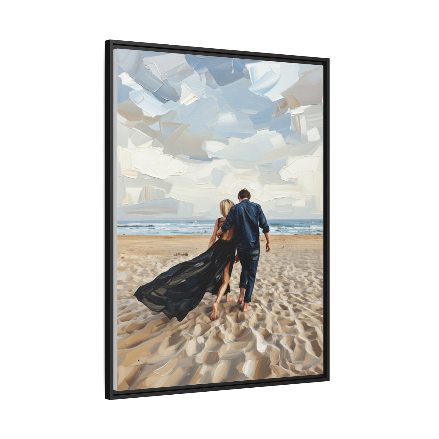 Framed Canvas Wall Art — Romantic Couple Walking on Beach Print