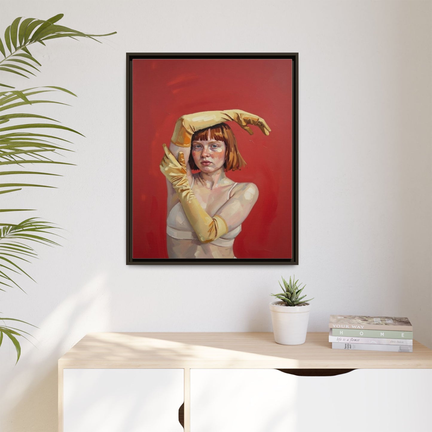 Framed Matte Canvas Art - Portrait of Woman in Yellow Gloves (Red Background)