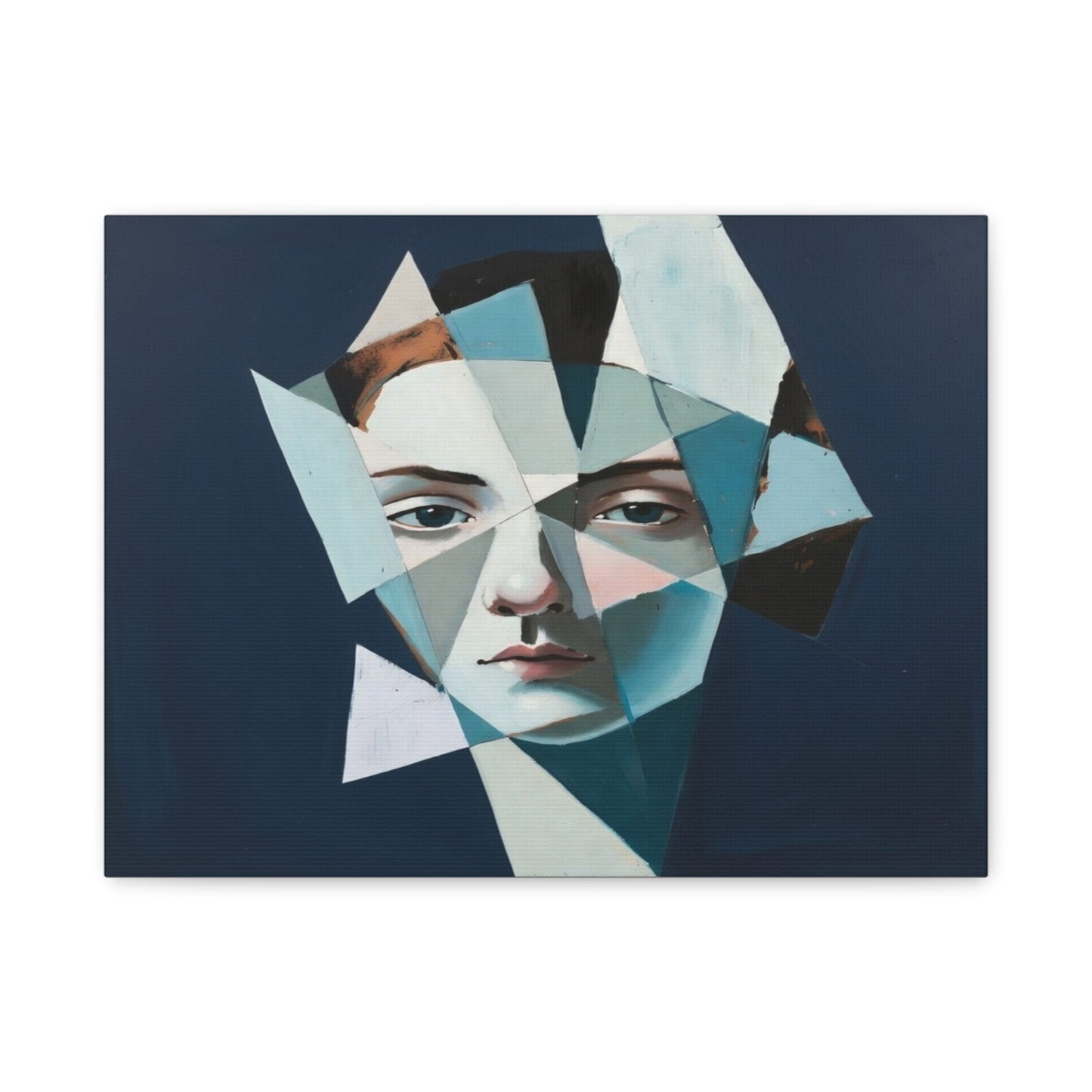 Fragmented Portrait Matte Canvas Art – Blue Abstract Face Wall Decor