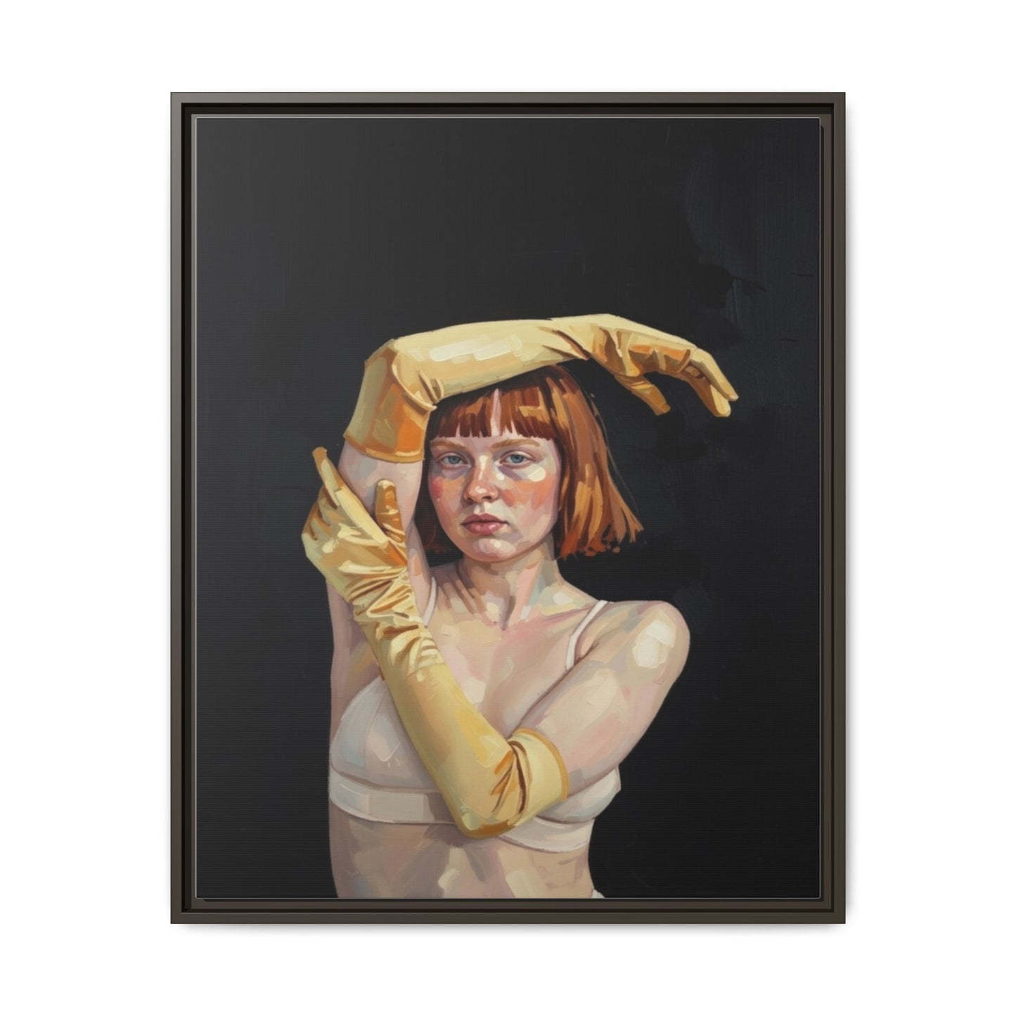Framed Matte Canvas Art – Portrait of Woman in Yellow Gloves