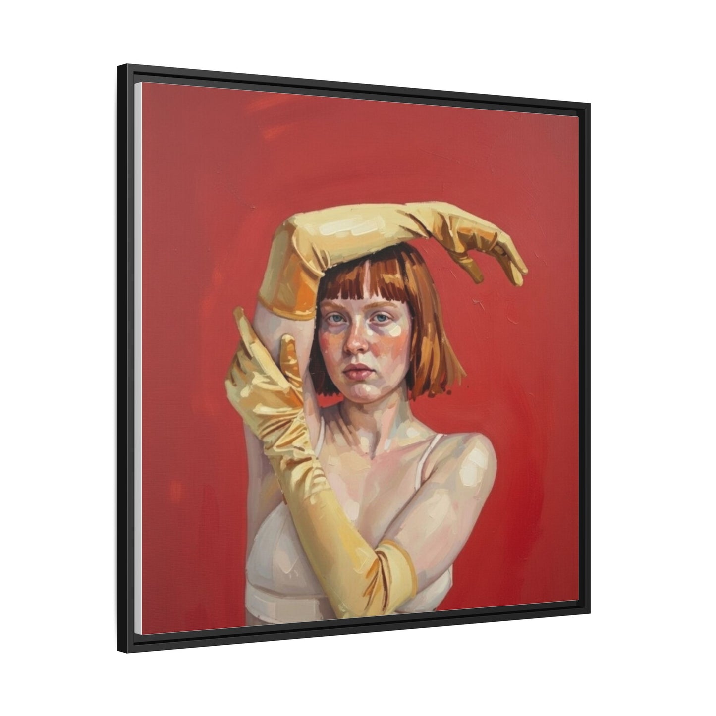 Framed Matte Canvas Art - Portrait of Woman in Yellow Gloves (Red Background)