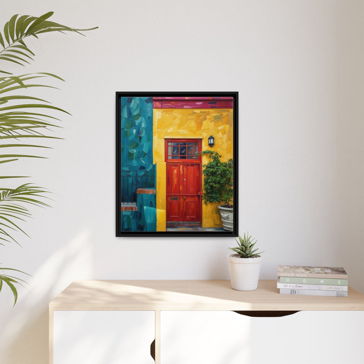 Framed Matte Canvas Wall Art — Colorful Red Door on Yellow Facade