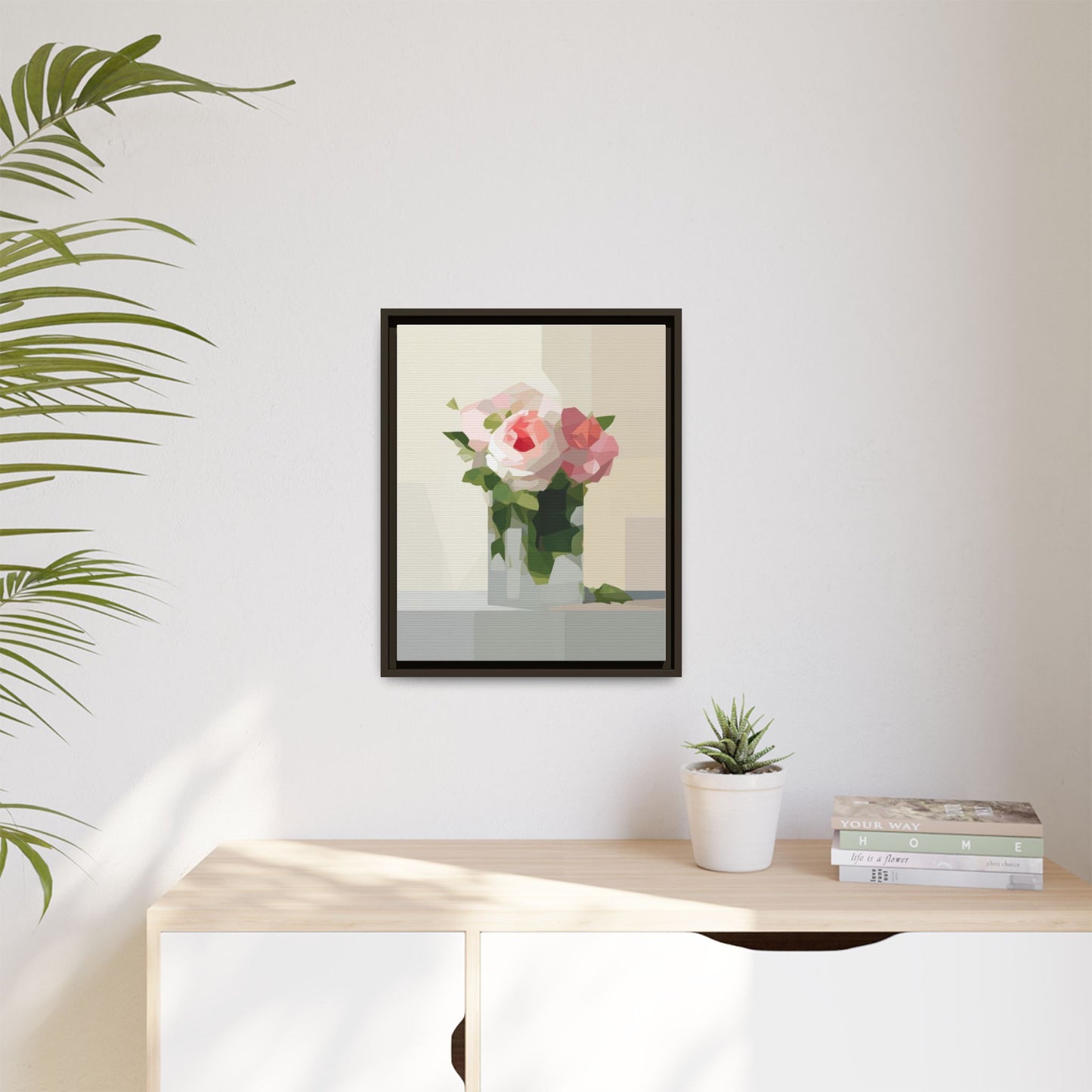 Framed Floral Canvas Print — Geometric Pink Rose Wall Art