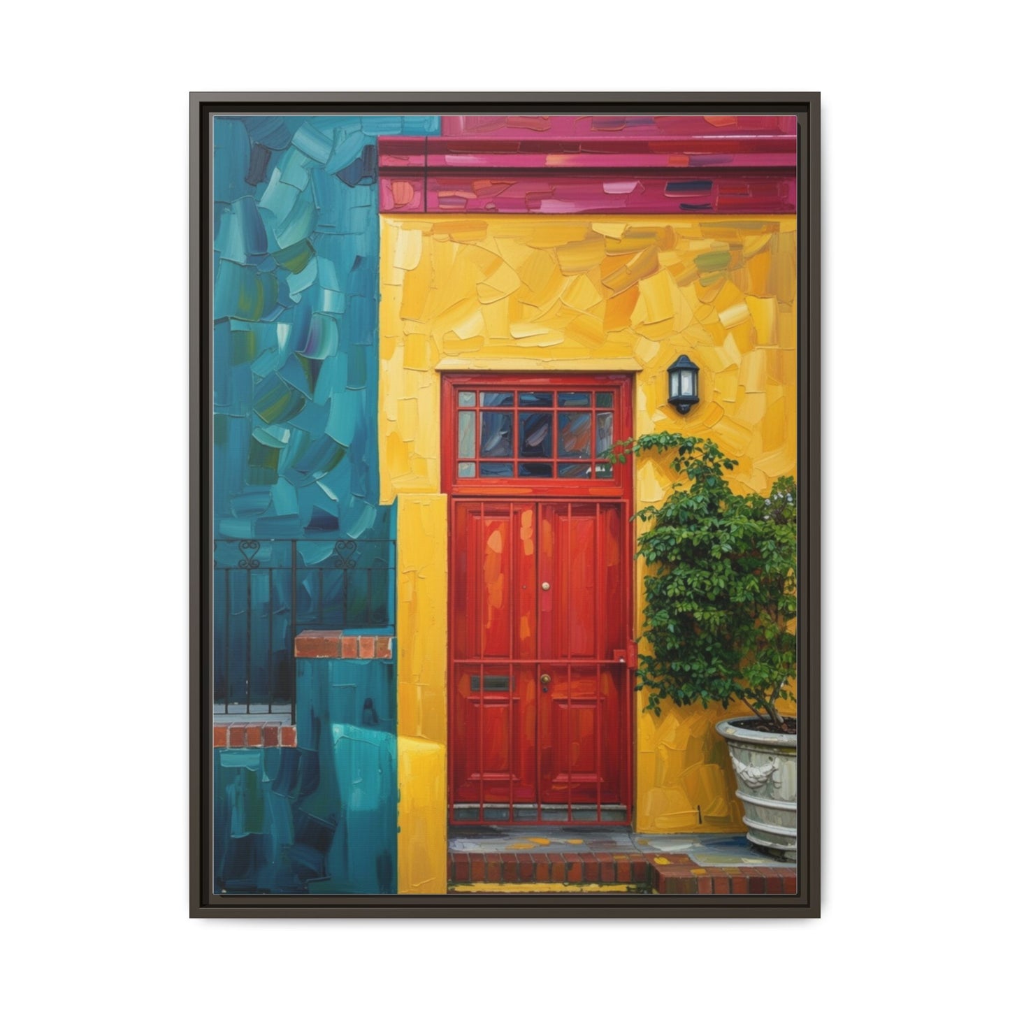Framed Matte Canvas Wall Art — Colorful Red Door on Yellow Facade
