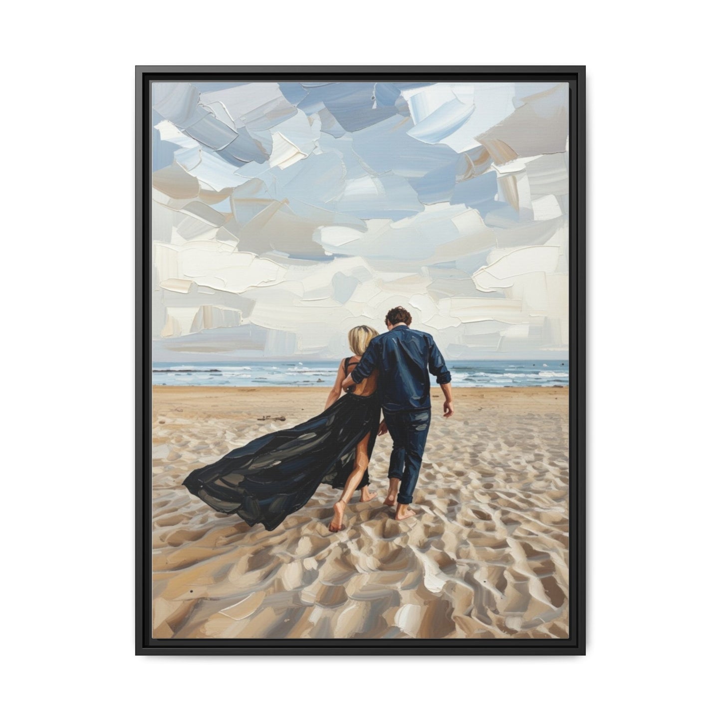 Framed Canvas Wall Art — Romantic Couple Walking on Beach Print