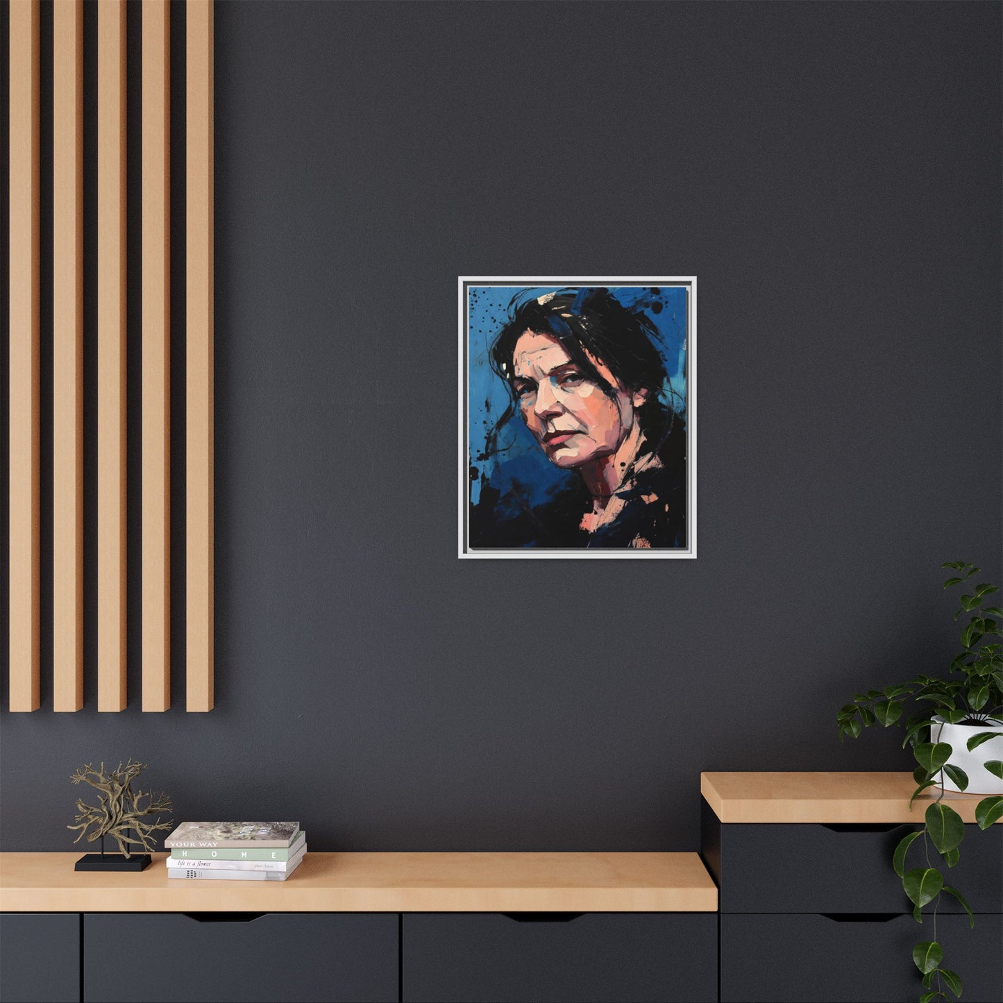 Framed Matte Canvas Portrait — Expressive Blue Painterly Woman Art