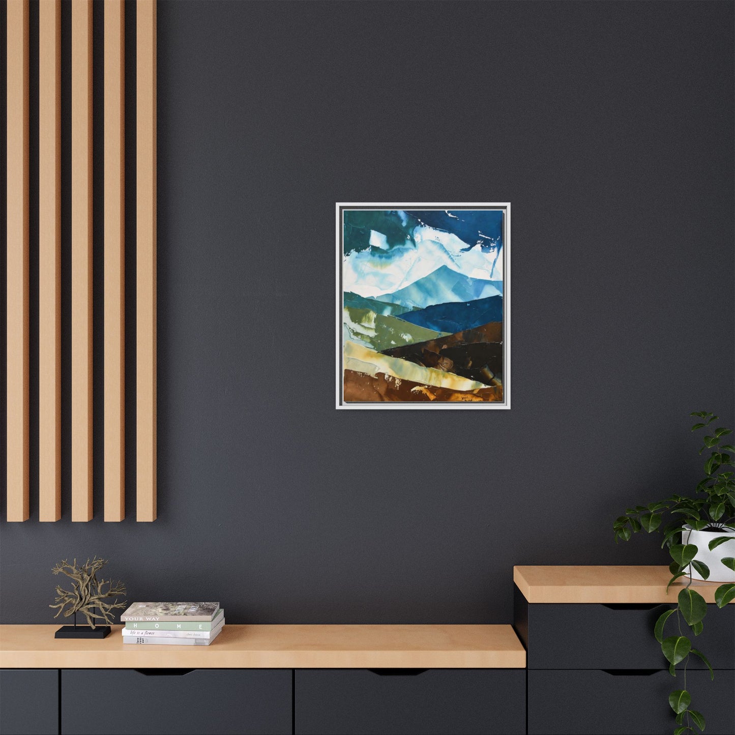 Framed Abstract Mountain Canvas Art — Blue & Earthtone Landscape Print